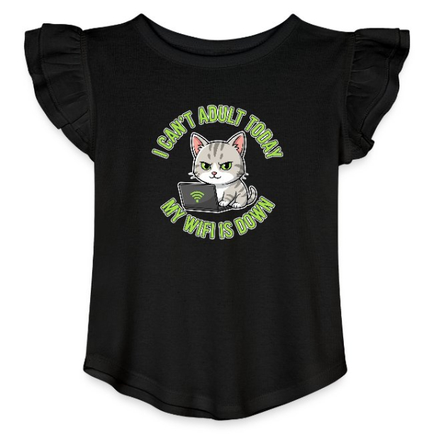 <p>Toddler Girls Flutter T-Shirt with Disgruntled Cat &amp; Wi-Fi Laptop Design</p>
