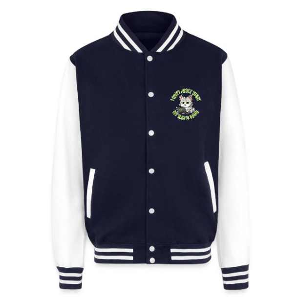 <p>Heavyweight Letterman Jacket with Disgruntled Cat &amp; Wi-Fi Laptop Design</p>
