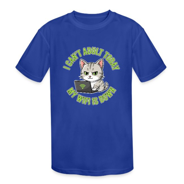 <p>Kids Moisture-Wicking T-Shirt with Disgruntled Cat & Wi-Fi Laptop Design L XL White Black Red Royal Blue</p>
<p>Kids Moisture-Wicking T-Shirt with Disgruntled Cat & Wi-Fi Laptop Design L XL White Black Red Royal Blue</p>