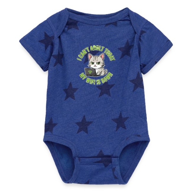 <p>Baby Bodysuit with Disgruntled Tabby Cat &amp; Wi-Fi Laptop Design, Star Pattern</p>

