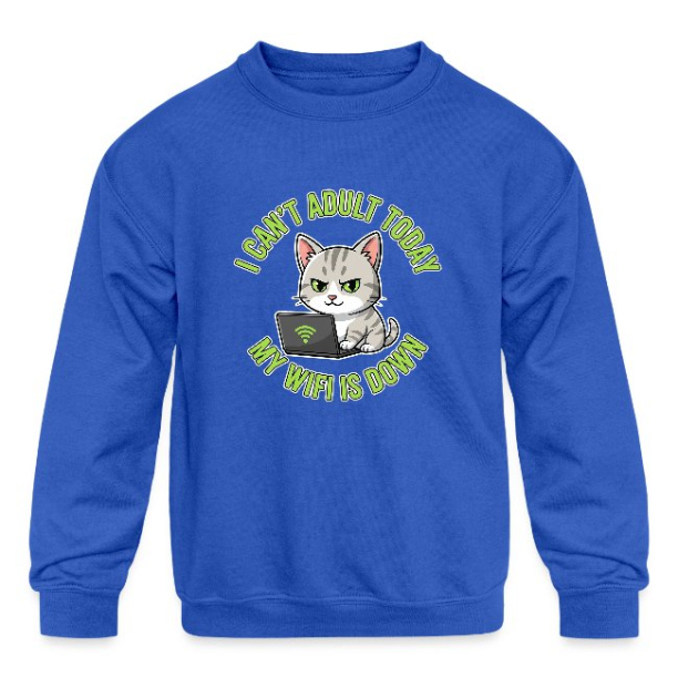 <p>Kids Cartoon Tabby Cat &amp; Wi-Fi Laptop Escapism Humor Crewneck Sweatshirt</p>
