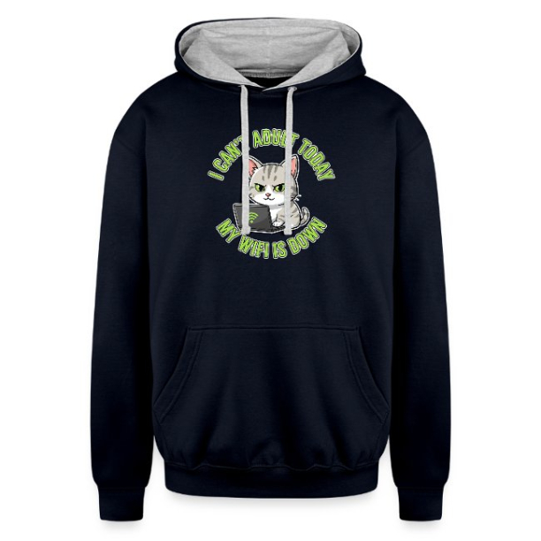 <p>Unisex Contrast Hoodie with Disgruntled Cat &amp; Wi-Fi Design</p>

