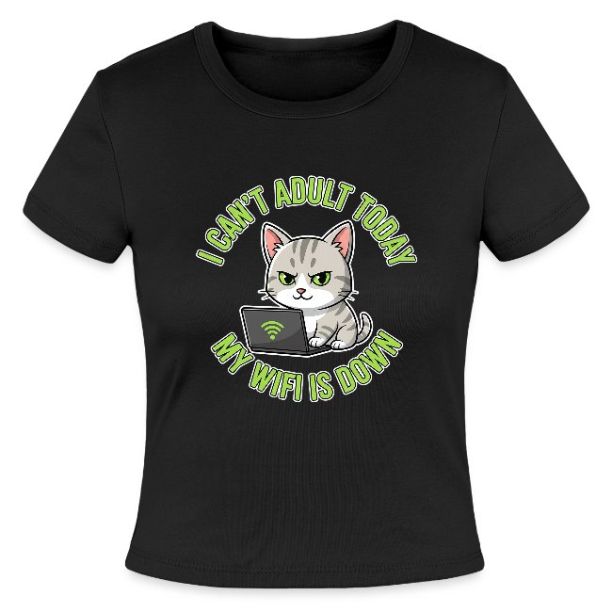 <p>Ladies Micro Rib Baby Tee with Disgruntled Tabby Cat &amp; Wi-Fi Laptop Design</p>
