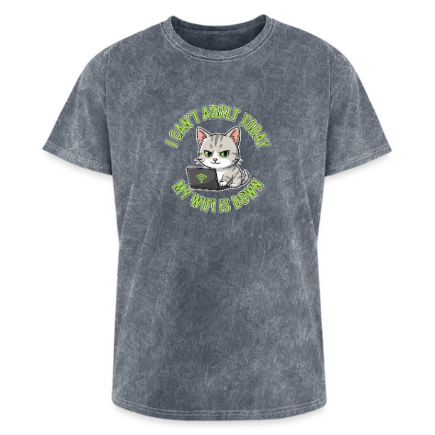 <p>Mineral Wash T-Shirt with Disgruntled Tabby Cat &amp; Wi-Fi Laptop Design</p>
