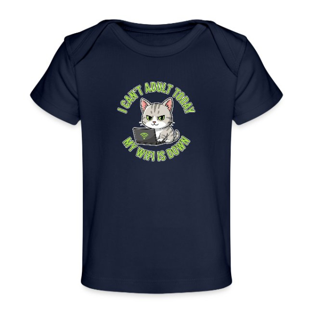 <p>Organic Baby T-Shirt with Disgruntled Tabby Cat &amp; Wi-Fi Laptop Design</p>
