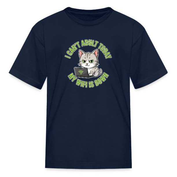 <p>Kids&#039; T-Shirt with Disgruntled Tabby Cat &amp; Wi-Fi Laptop Design</p>
